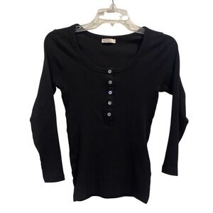 AYR Black Ribbed Long Sleeve Henley Womens Small Top Scoop Neck Slim Fit